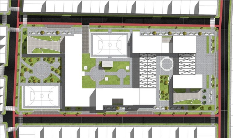 Plot plan del conjunto, con losas deportivas, patios y arbolado.