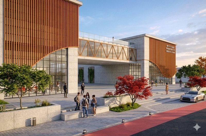 Render del acceso principal al instituto.