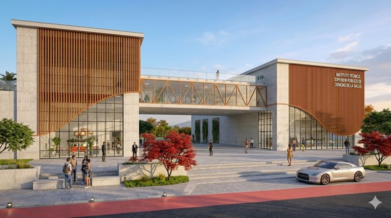 Render de la plaza de acceso y la pasarela de estructura de madera.
