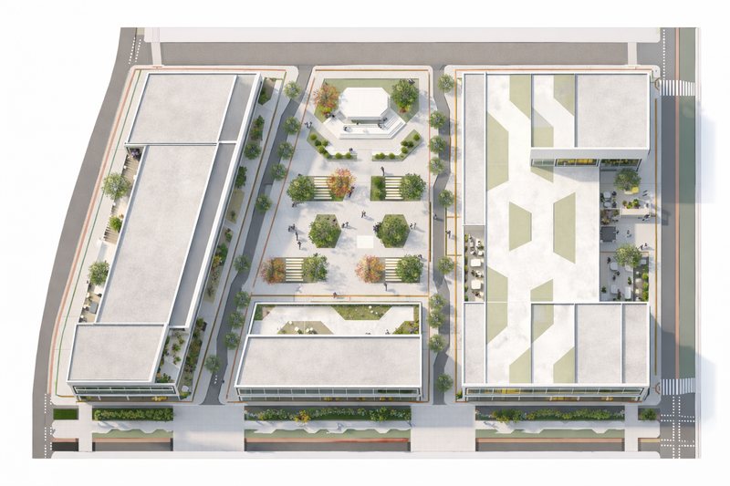 Axonométrica del conjunto: tres edificios, alameda central y anfiteatro hundido.