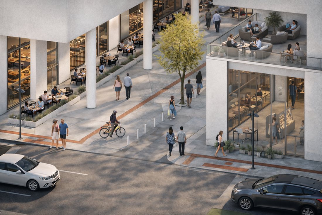 Render a nivel de calle del bulevar, con comercio en planta baja y terrazas EPAP.