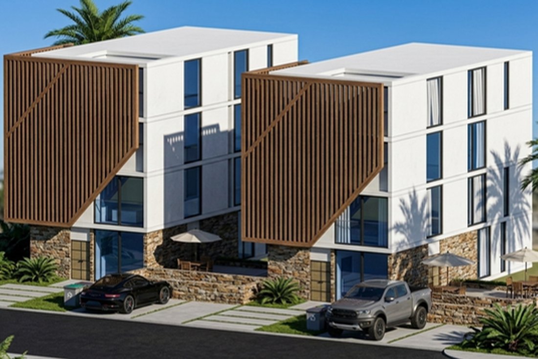 Render exterior de los dos bloques de vivienda con pantallas de madera sobre una base de piedra.