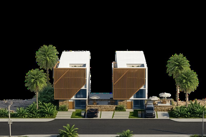 Render de los dos bloques con las pantallas de madera en voladizo.